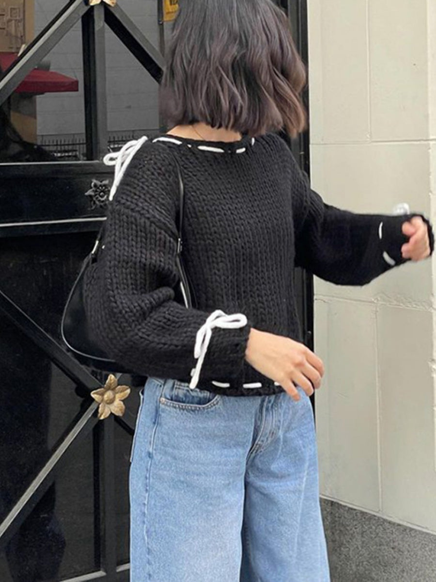 Schnürung Bogen Kontrastfarben Pullover