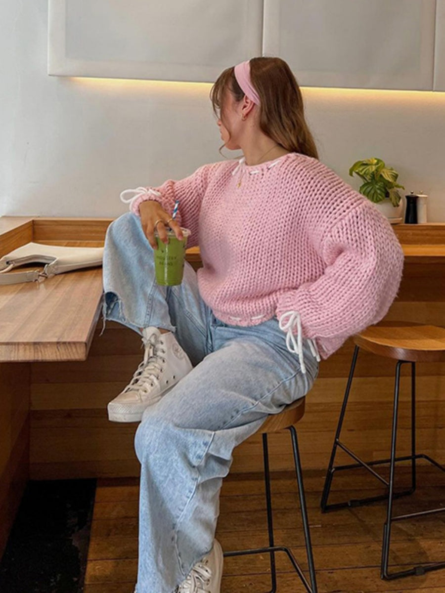 Schnürung Bogen Kontrastfarben Pullover