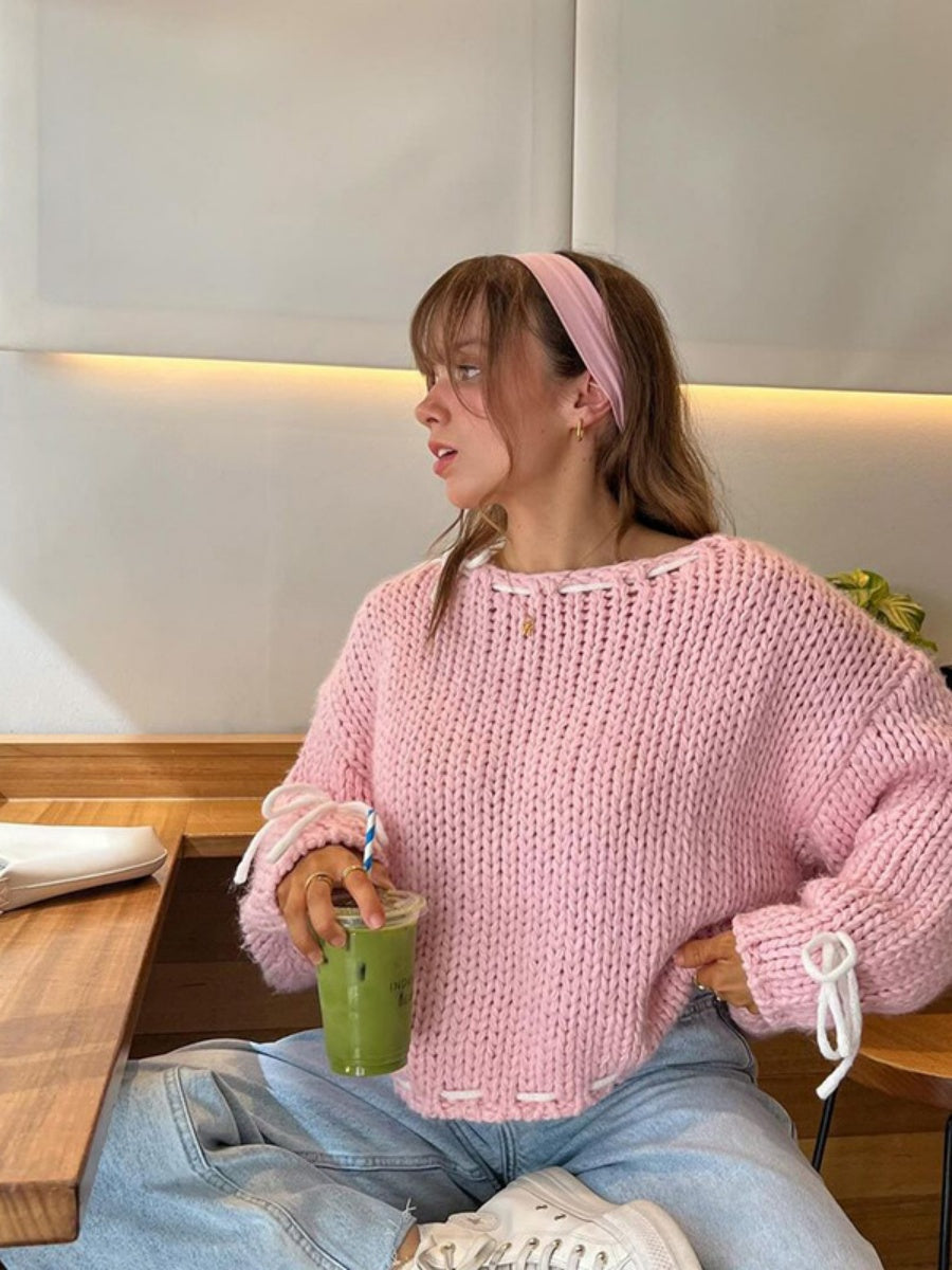 Schnürung Bogen Kontrastfarben Pullover