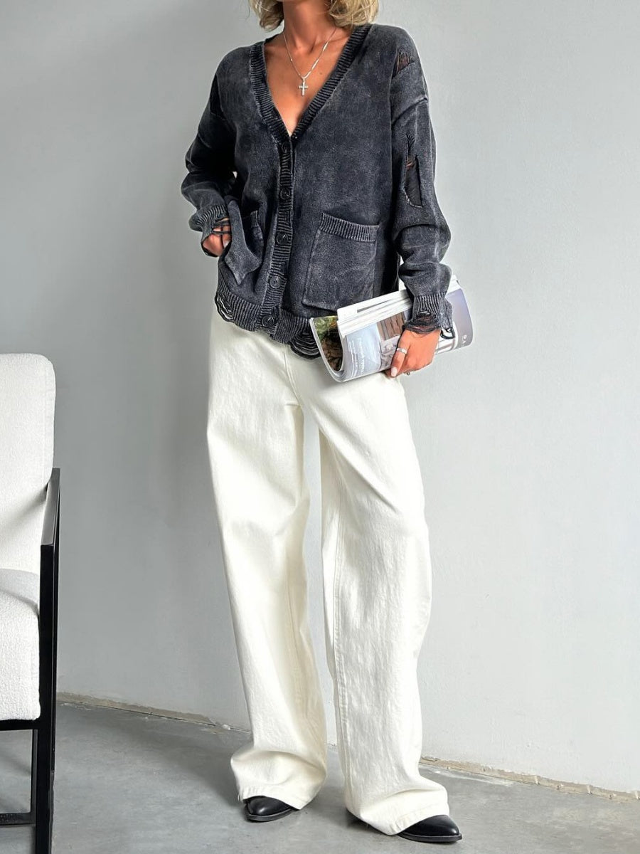 Liber Autumn Damen gewaschenes und distressed Kleidung V-Ausschnitt hand-distressed Cardigan Pullover