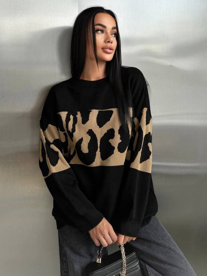 Liber Autumn Damen Leopardenmuster Kleidung Raglanärmel paneelierter Pullover