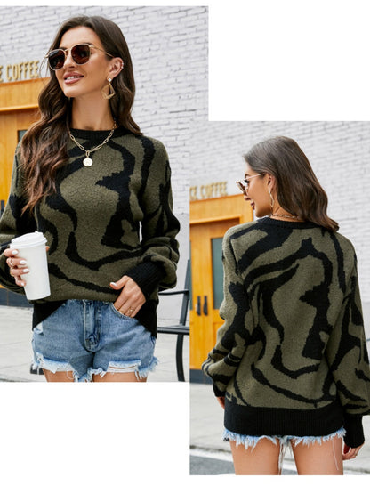 Liber Autumn Damen Kontrastfarben Zebra Druck Pullover Langarm Rundhalskurzoberteil