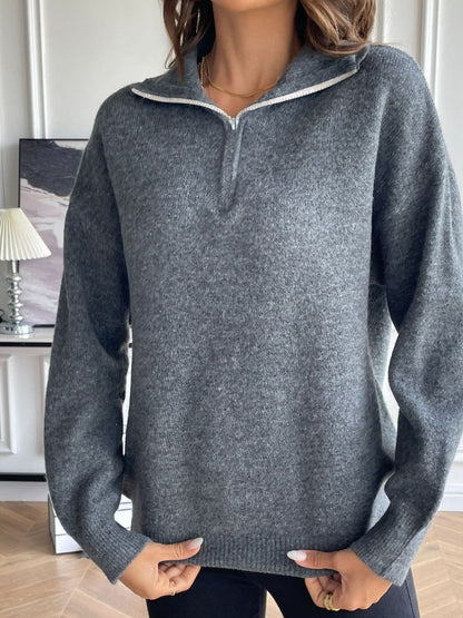 Liber Autumn Damen Reißverschluss Pullover Farbmix Langarm Revers Kurzoberteil