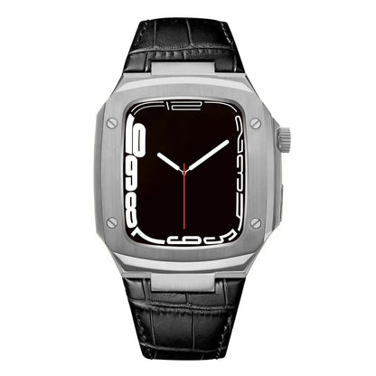Luxuriöses Metallgehäuse mit Lederarmband für Apple Watch Series 40/41/44/45 mm