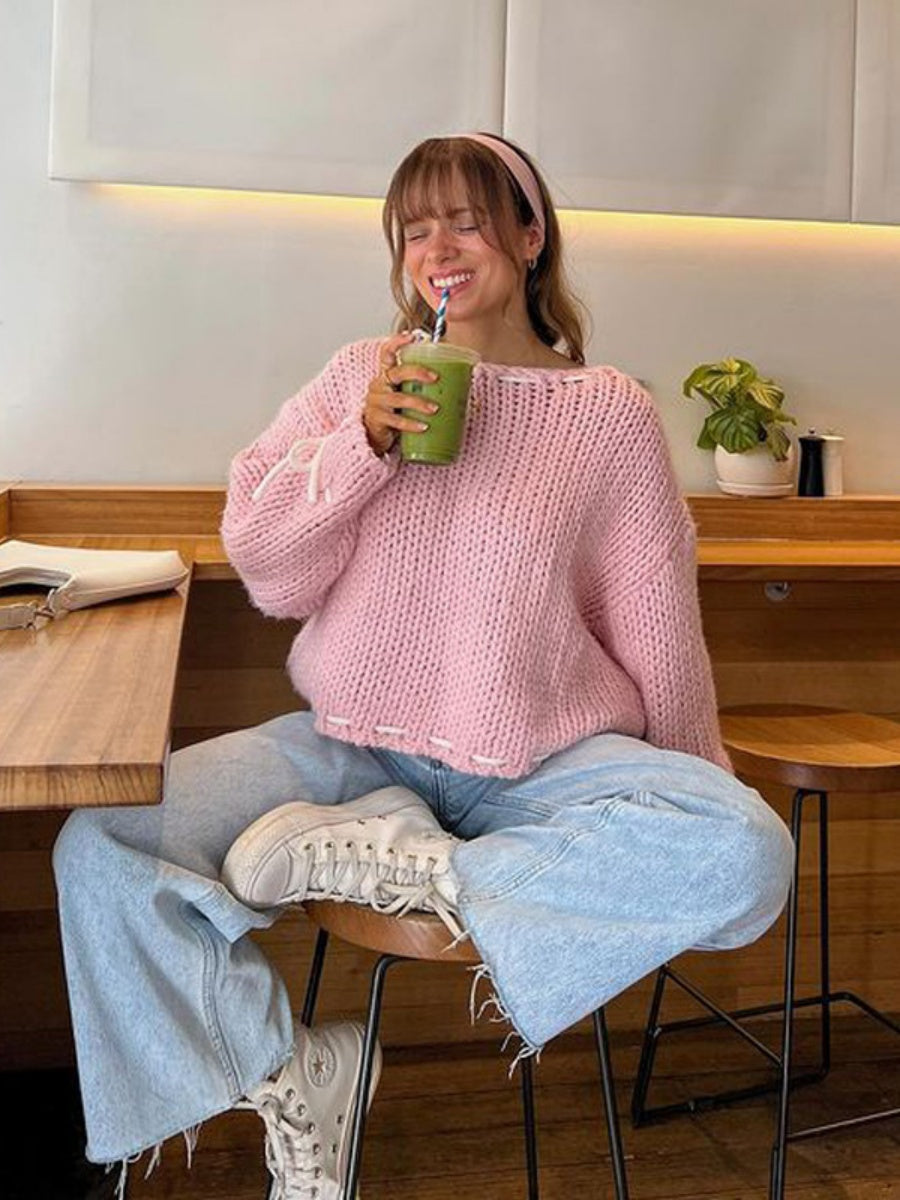 Schnürung Bogen Kontrastfarben Pullover