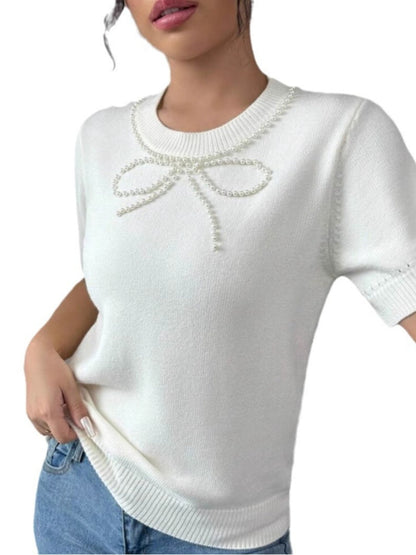 Liber Sommer Damen Pullover mit einfarbigem Perlen-Schleifen-Muster