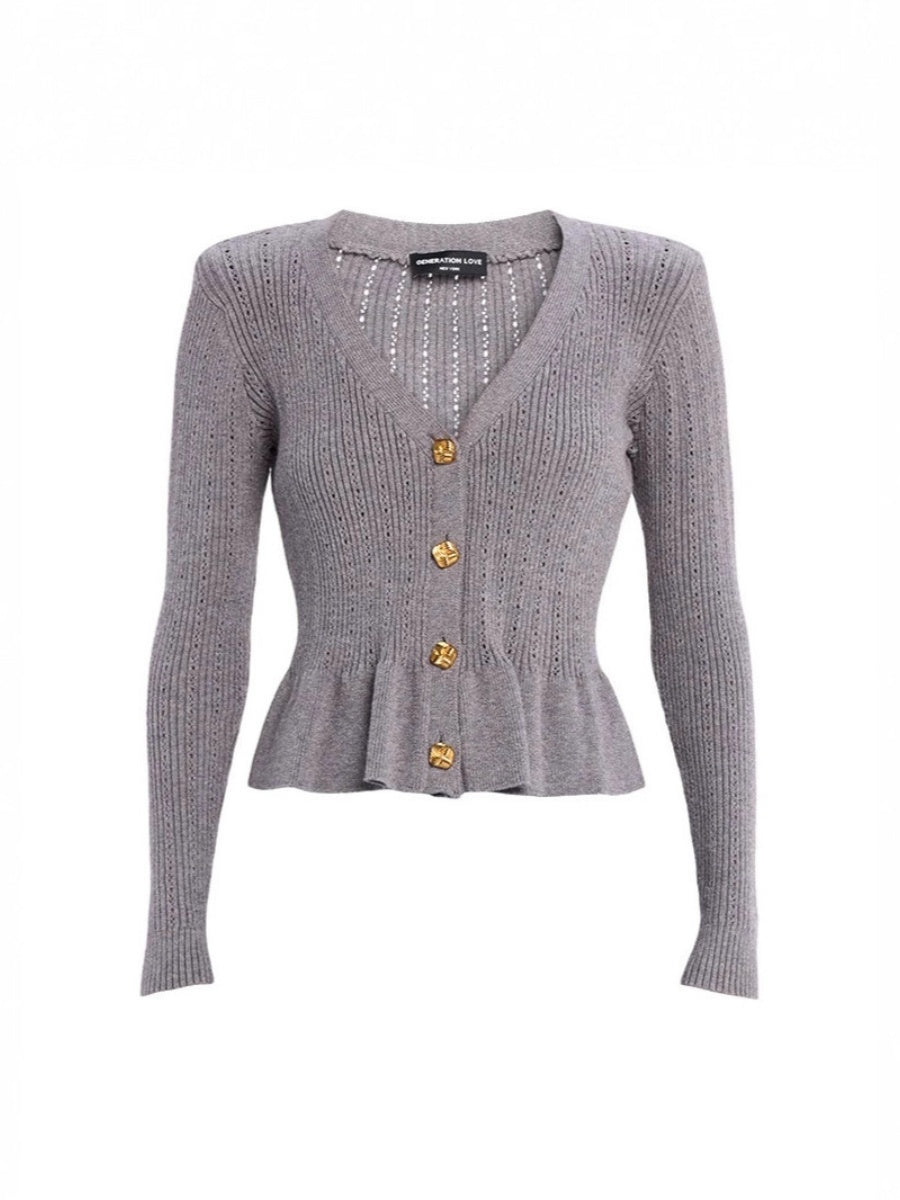 Liber Spring Damen Pullover mit V-Ausschnitt und Rüschen in einfarbig