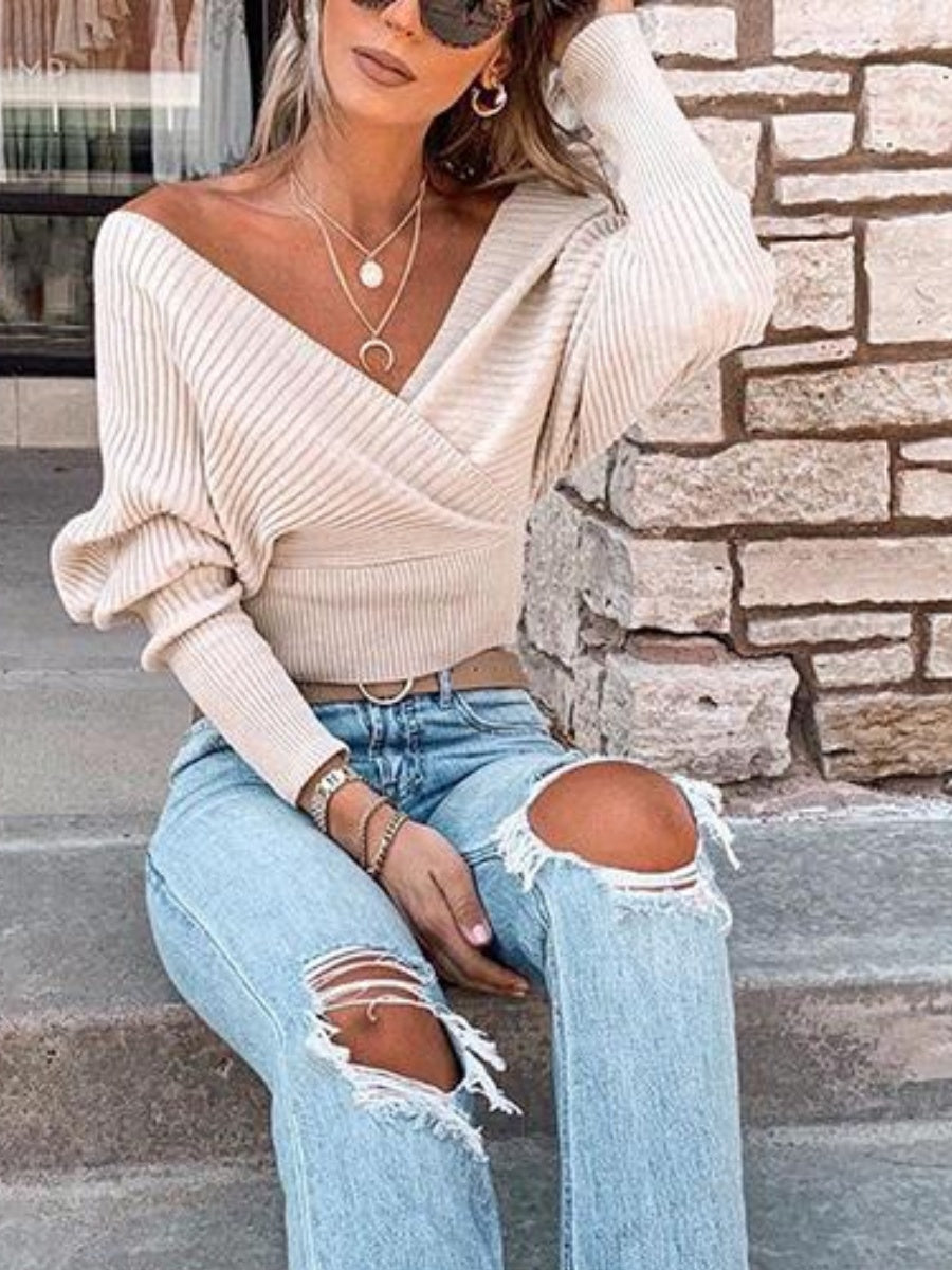 Liber Autumn Damenbekleidung Kreuzdesign Einfache Stickerei V-Ausschnitt einfarbiger Pullover langärmeliger Pullover