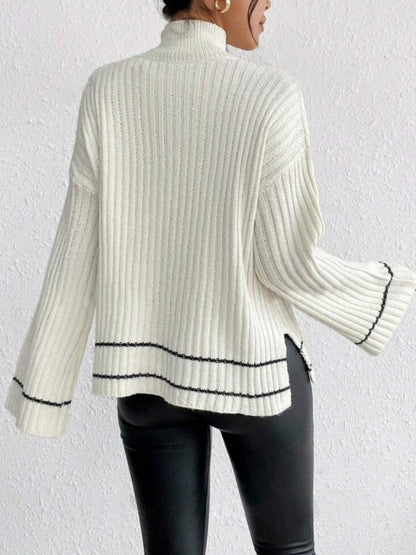 Liber Autumn Damen Pullover mit kontrastierenden Farben, weit ausgestellten Ärmeln und Rollkragen