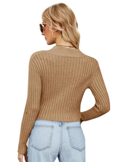 Liber Autumn Damen Reißverschluss V-Ausschnitt langärmliger enger Cardigan Pullover