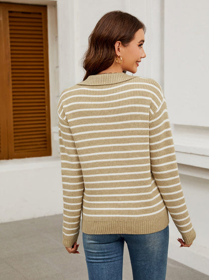 Liber Autumn Damen V-Ausschnitt Kontrastfarben Streifen Jacke Wolle