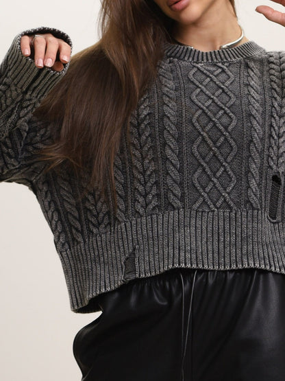 Liber Autumn Damen gewaschenes kurzes Kleidungsstück mit Bauchnabelloch, Batwing-Ärmeln, Pullover-Sweater