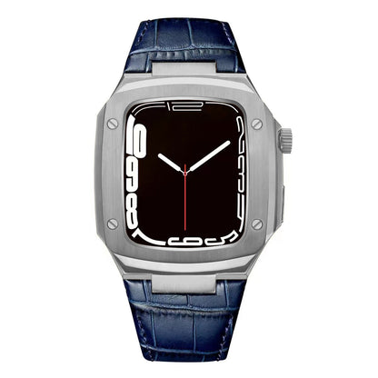 Luxuriöses Metallgehäuse mit Lederarmband für Apple Watch Series 40/41/44/45 mm