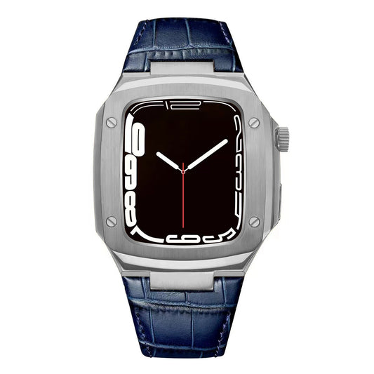 Luxuriöses Metallgehäuse mit Lederarmband für Apple Watch Series 40/41/44/45 mm