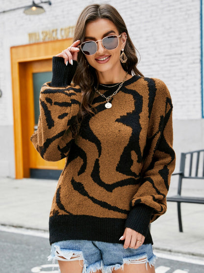 Liber Autumn Damen Kontrastfarben Zebra Druck Pullover Langarm Rundhalskurzoberteil