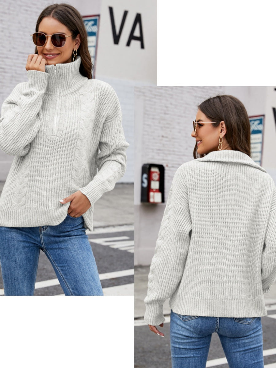 Liber Autumn Damen Reißverschluss Pullover Farbmischung Langarm Revers Kurzoberteil