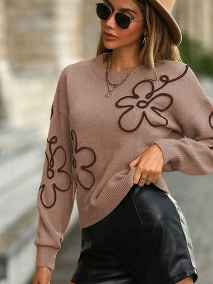 3D-Effekt Blumenmuster Rundhals Pullover