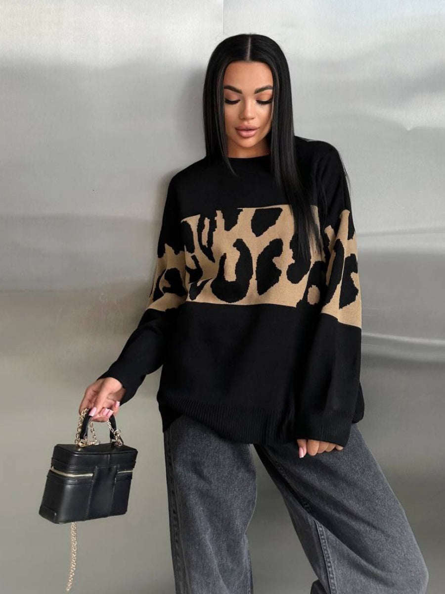 Liber Autumn Damen Leopardenmuster Kleidung Raglanärmel paneelierter Pullover