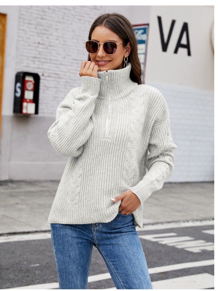 Liber Autumn Damen Reißverschluss Pullover Farbmischung Langarm Revers Kurzoberteil