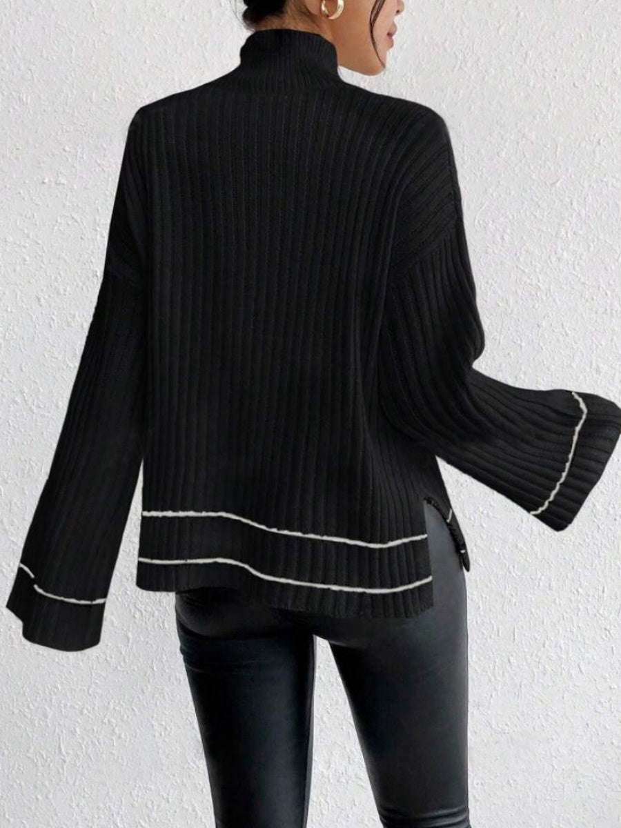 Liber Autumn Damen Pullover mit kontrastierenden Farben, weit ausgestellten Ärmeln und Rollkragen