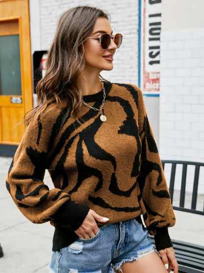 Liber Autumn Damen Kontrastfarben Zebra Druck Pullover Langarm Rundhalskurzoberteil