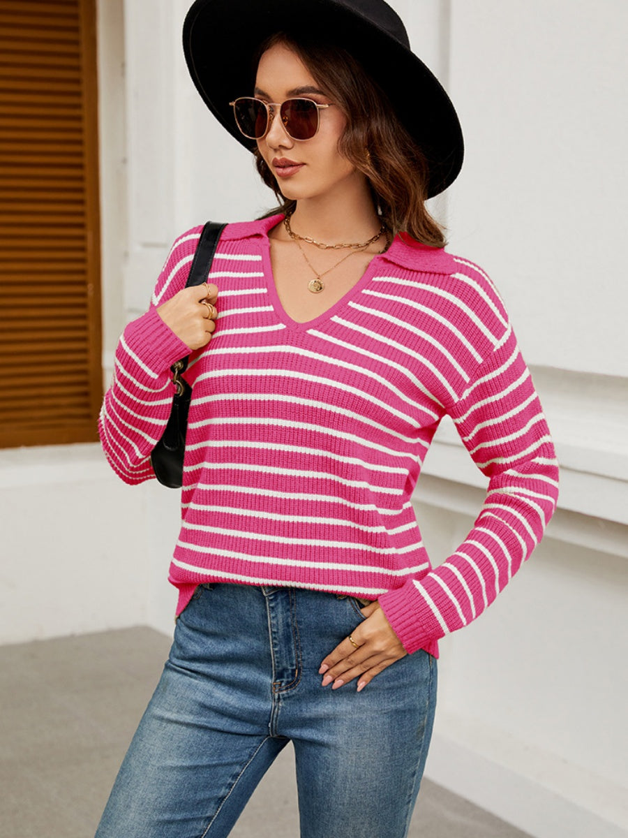 Liber Autumn Damen V-Ausschnitt Kontrastfarben Streifen Jacke Wolle