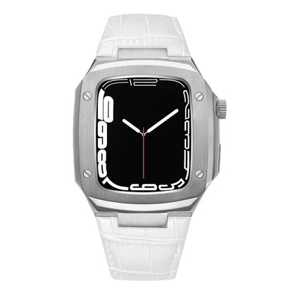 Luxuriöses Metallgehäuse mit Lederarmband für Apple Watch Series 40/41/44/45 mm