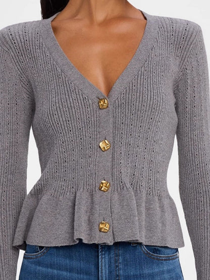 Liber Spring Damen Pullover mit V-Ausschnitt und Rüschen in einfarbig