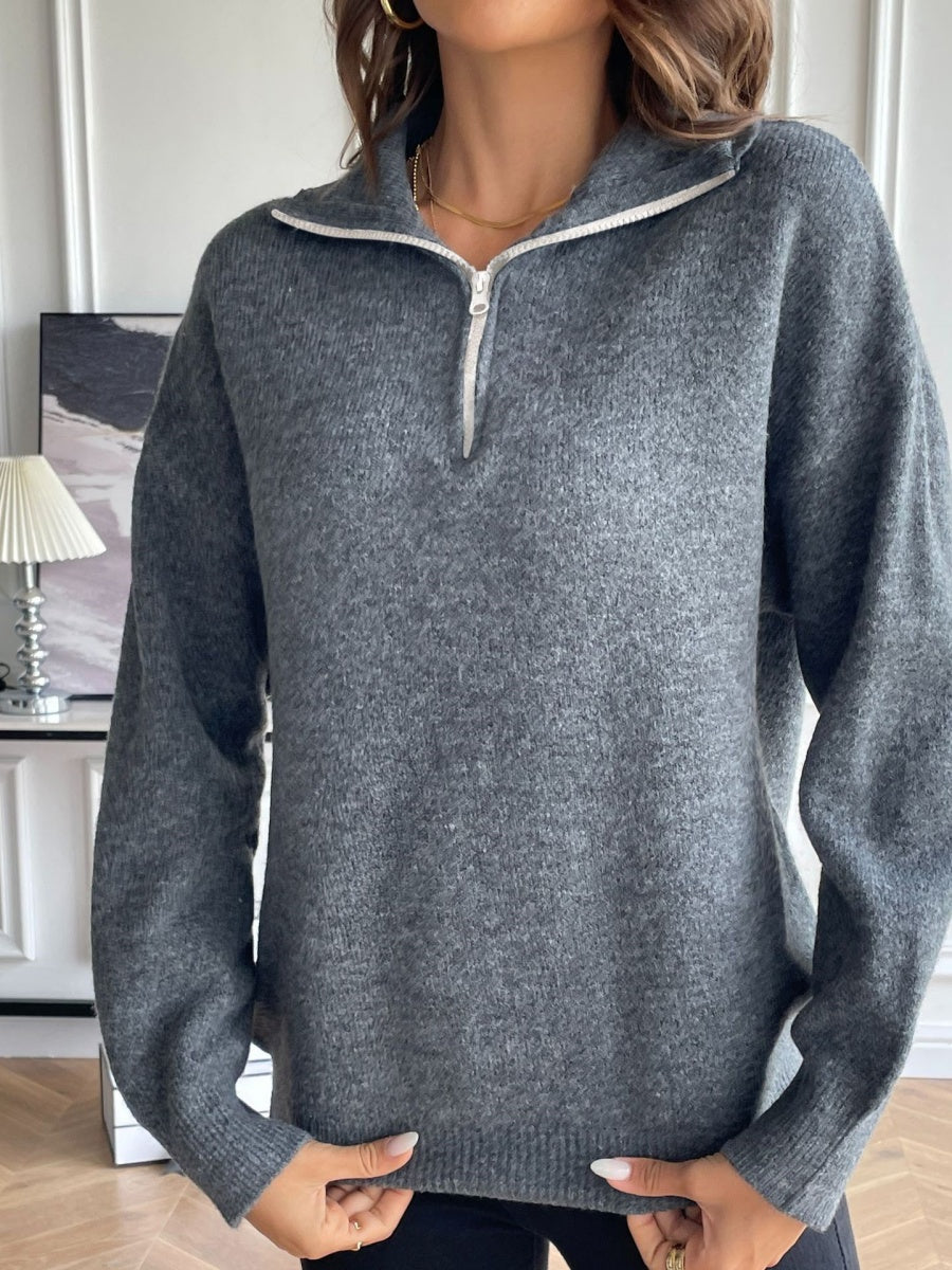 Liber Autumn Damen Reißverschluss Pullover Farbmix Langarm Revers Kurzoberteil