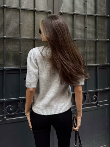 Schnürung 3D Schleife Kurzarm Strickpullover