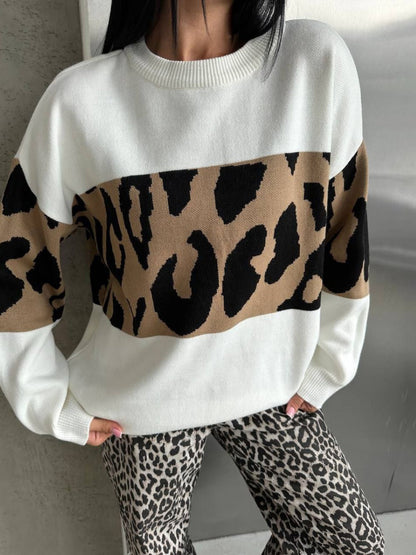 Liber Autumn Damen Leopardenmuster Kleidung Raglanärmel paneelierter Pullover