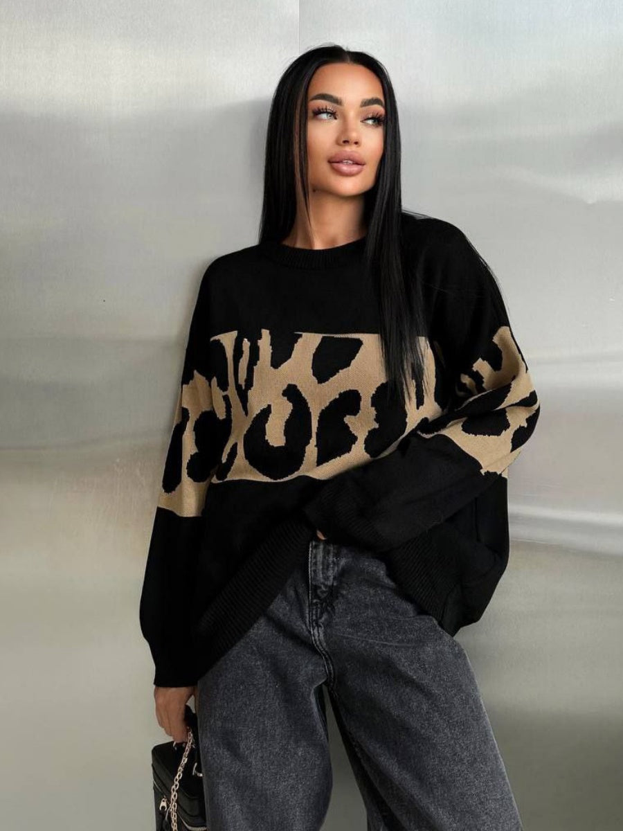 Liber Autumn Damen Leopardenmuster Kleidung Raglanärmel paneelierter Pullover