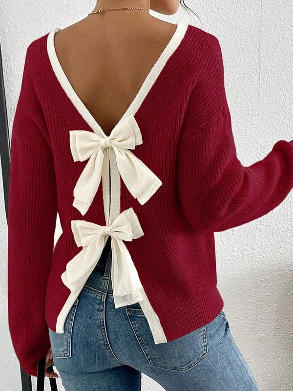 Bogen Kontrastfarben Rückenausschnitt Pullover