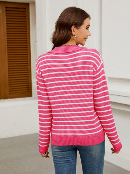 Liber Autumn Damen V-Ausschnitt Kontrastfarben Streifen Jacke Wolle