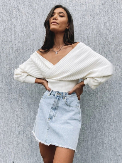 Liber Autumn Damenbekleidung Kreuzdesign Einfache Stickerei V-Ausschnitt einfarbiger Pullover langärmeliger Pullover