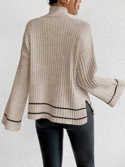 Liber Autumn Damen Pullover mit kontrastierenden Farben, weit ausgestellten Ärmeln und Rollkragen