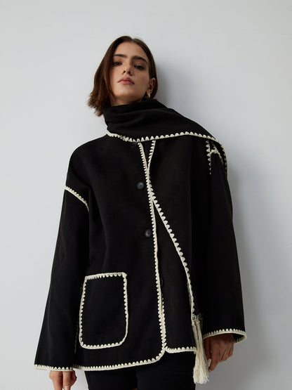 Kontrastbesatz-Jacke mit passendem Schal
