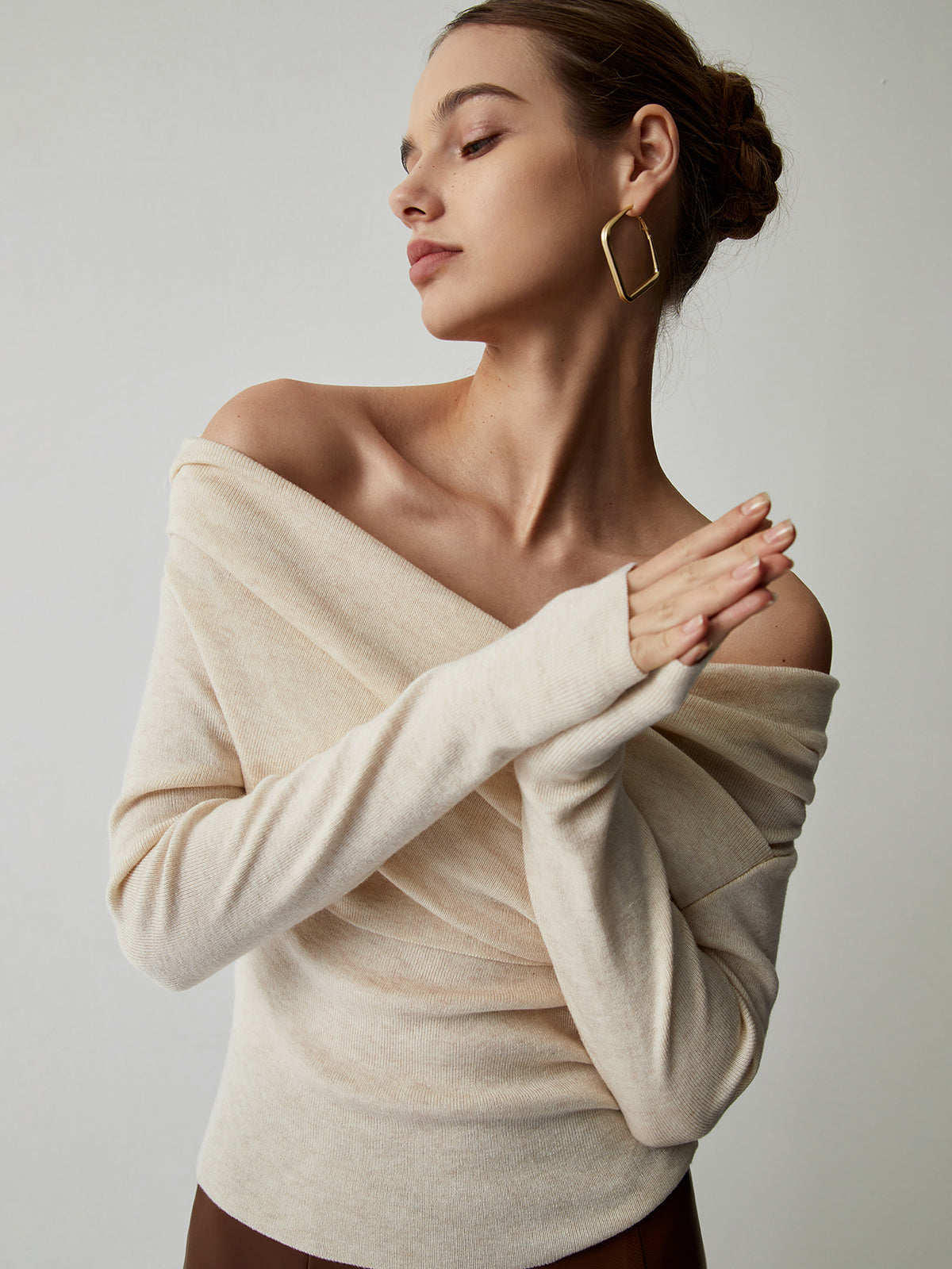 Off Shoulder Wrap Langarm Stricktop