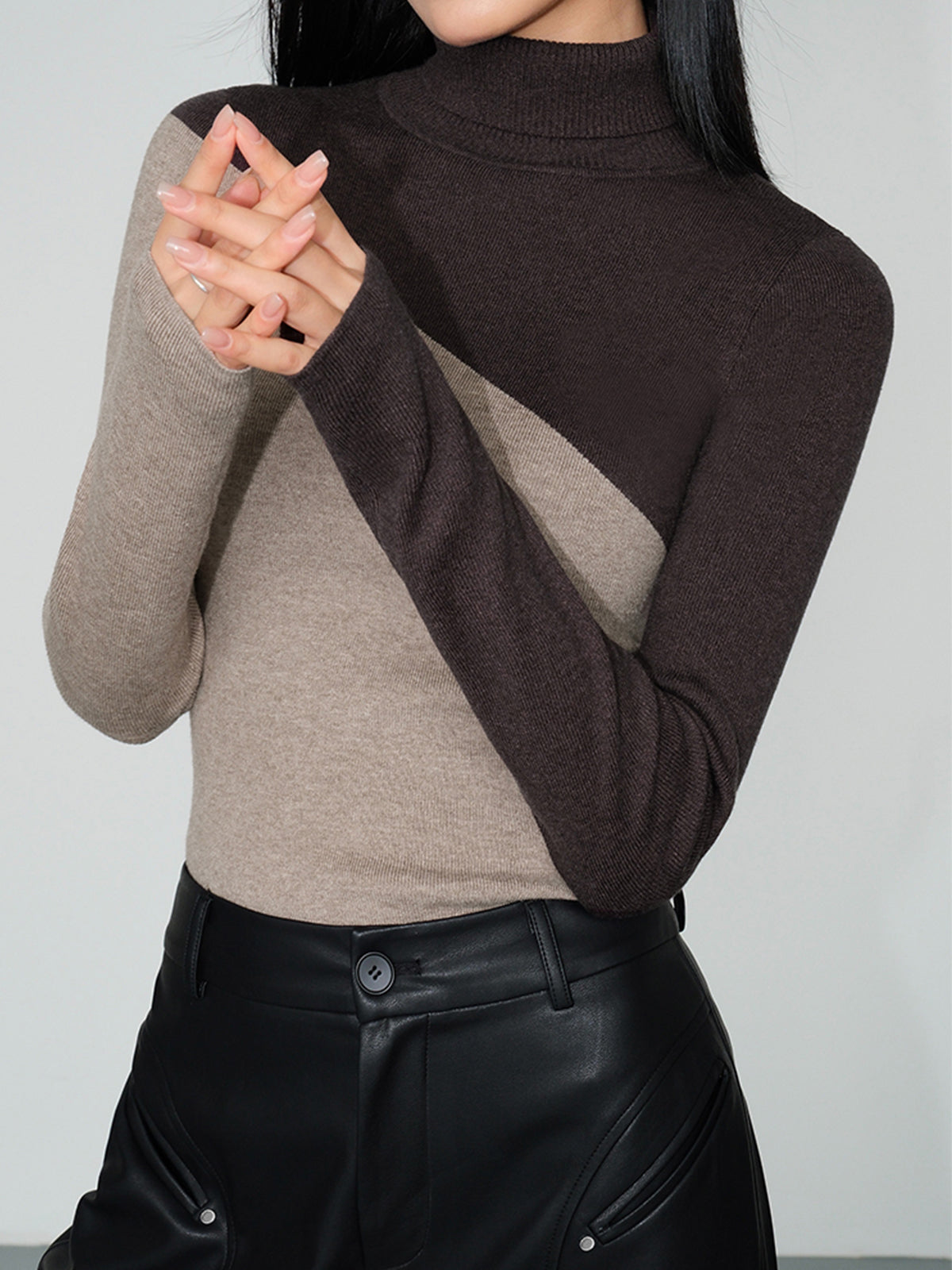 Asymmetrisches Patchwork Langarm-Mockneck Strickoberteil