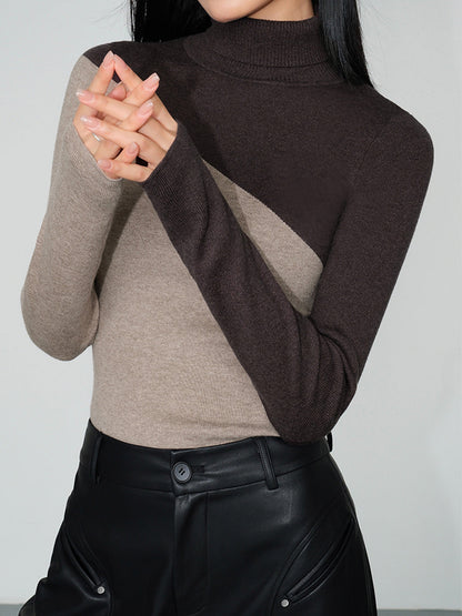 Asymmetrisches Patchwork Langarm-Mockneck Strickoberteil