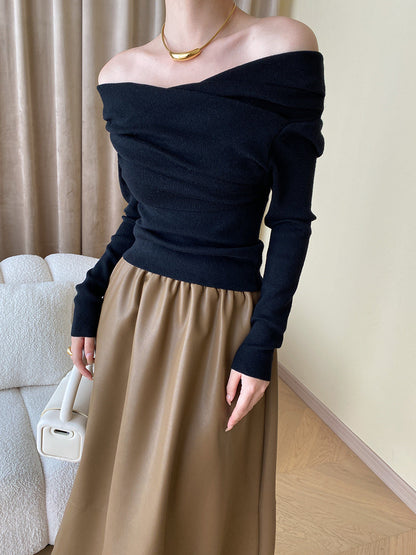 Off Shoulder Wrap Langarm Stricktop