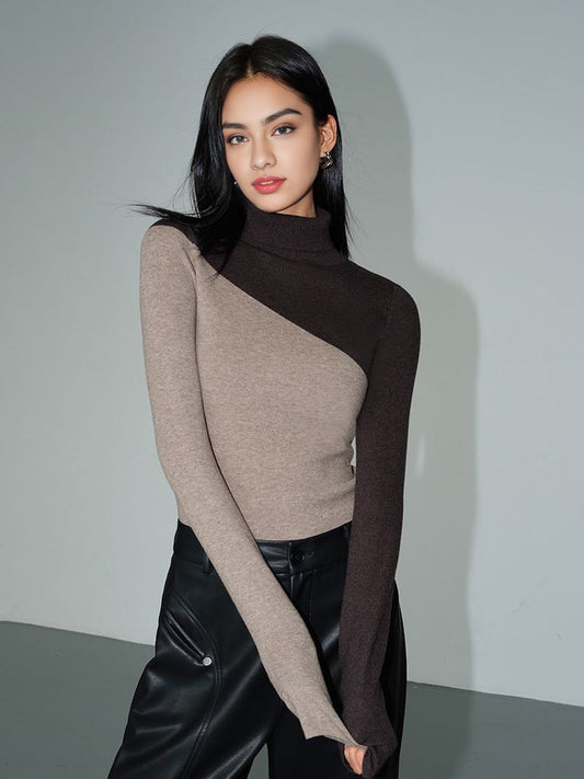 Asymmetrisches Patchwork Langarm-Mockneck Strickoberteil