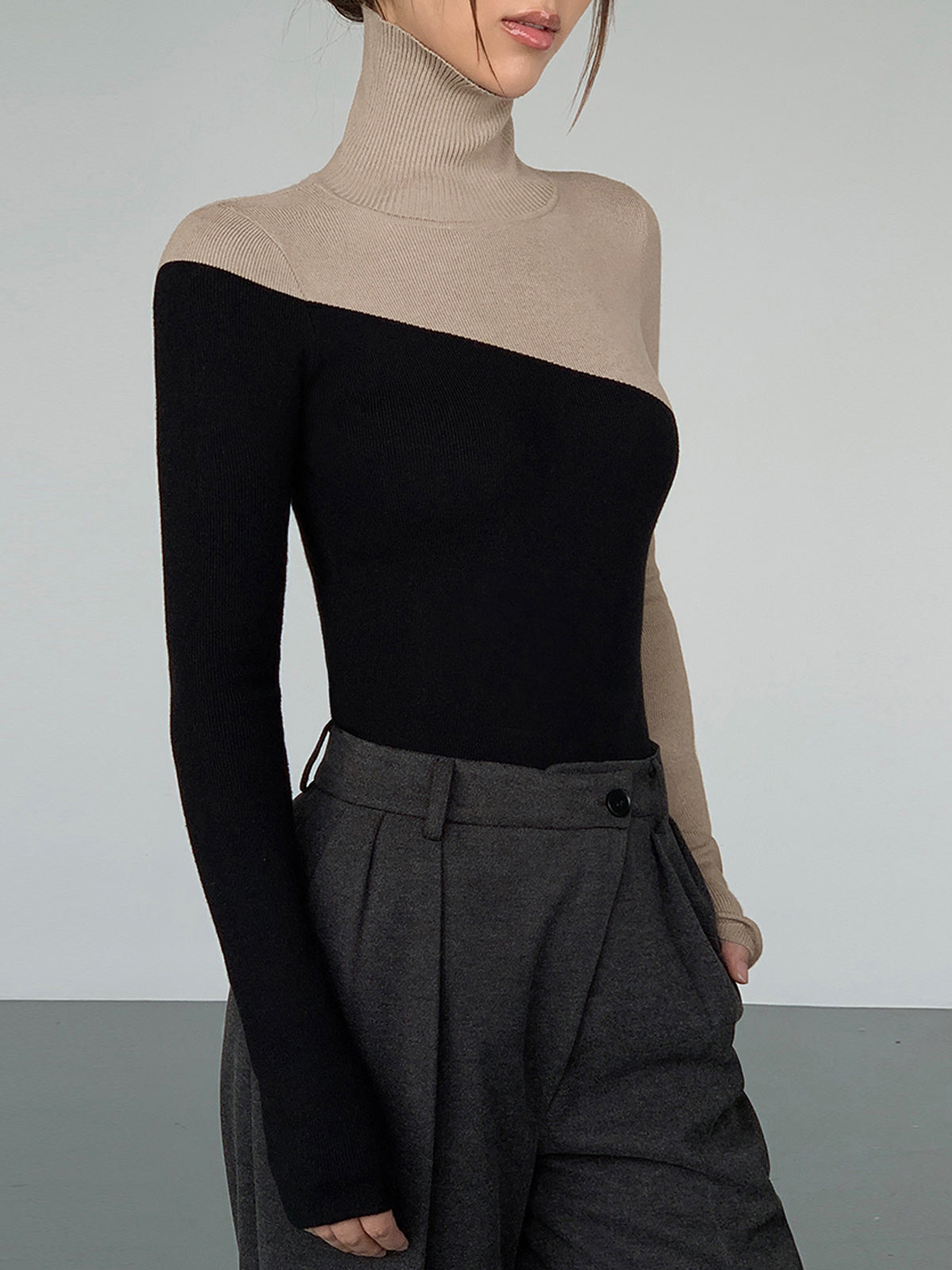 Asymmetrisches Patchwork Langarm-Mockneck Strickoberteil