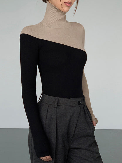 Asymmetrisches Patchwork Langarm-Mockneck Strickoberteil