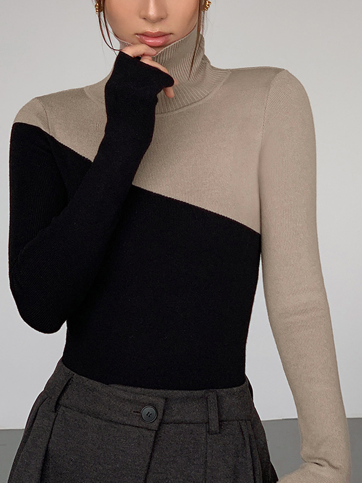 Asymmetrisches Patchwork Langarm-Mockneck Strickoberteil