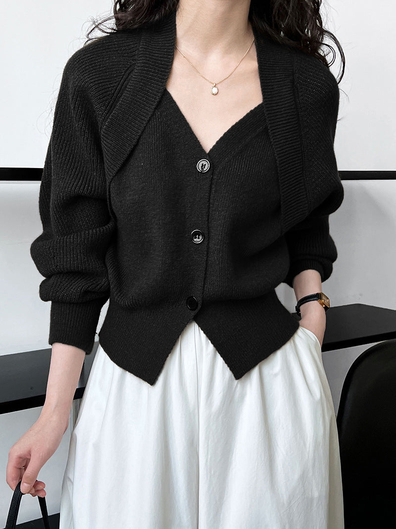 Patchwork V-Ausschnitt Knopf Pullover