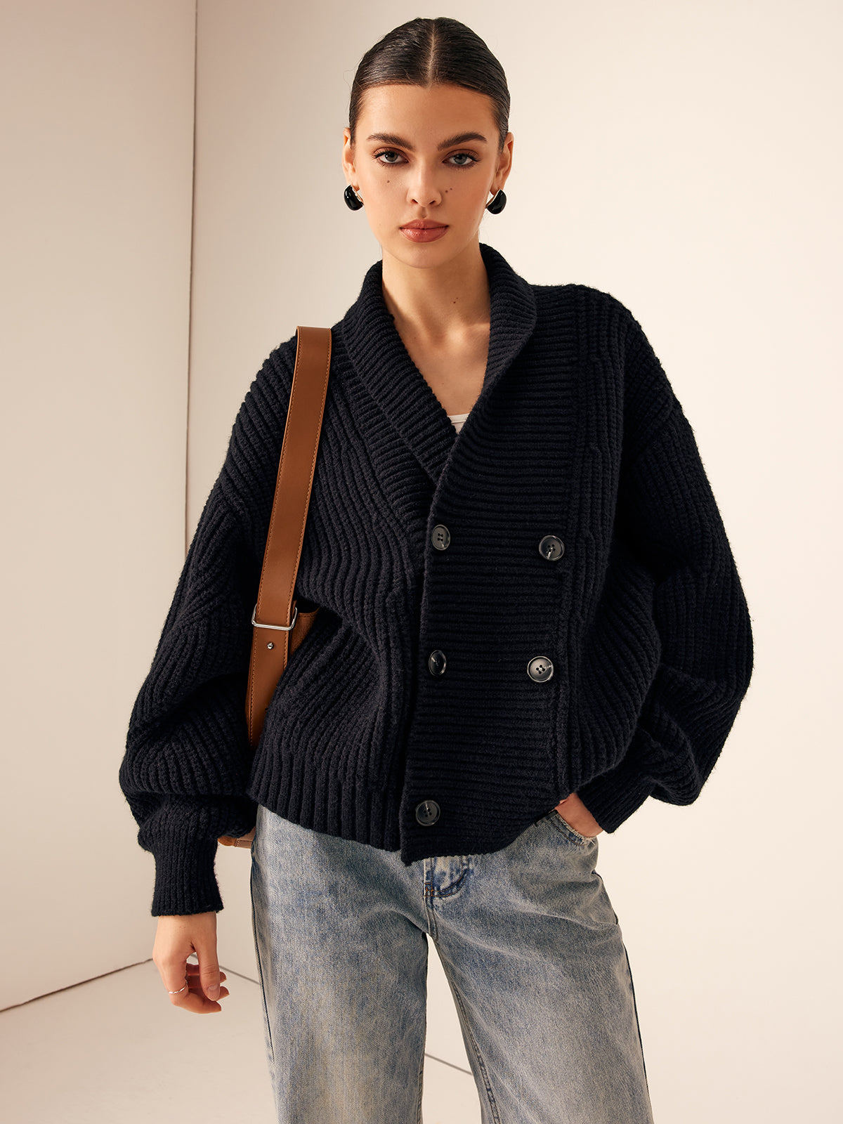 Rippstrick Revers Knopf Strickjacke