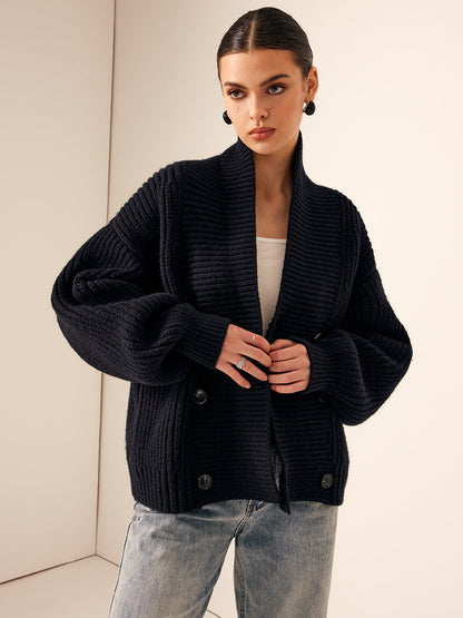 Rippstrick Revers Knopf Strickjacke