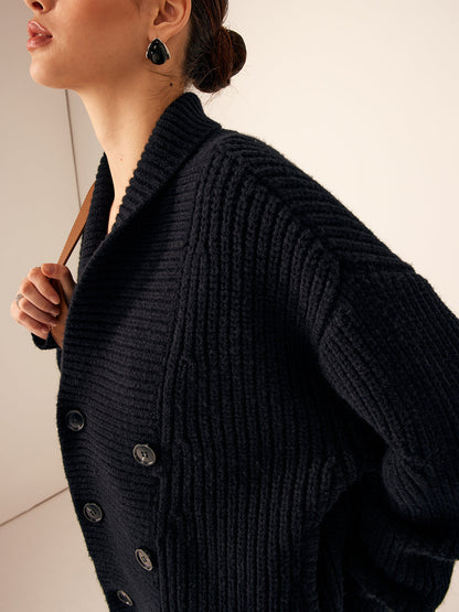 Rippstrick Revers Knopf Strickjacke
