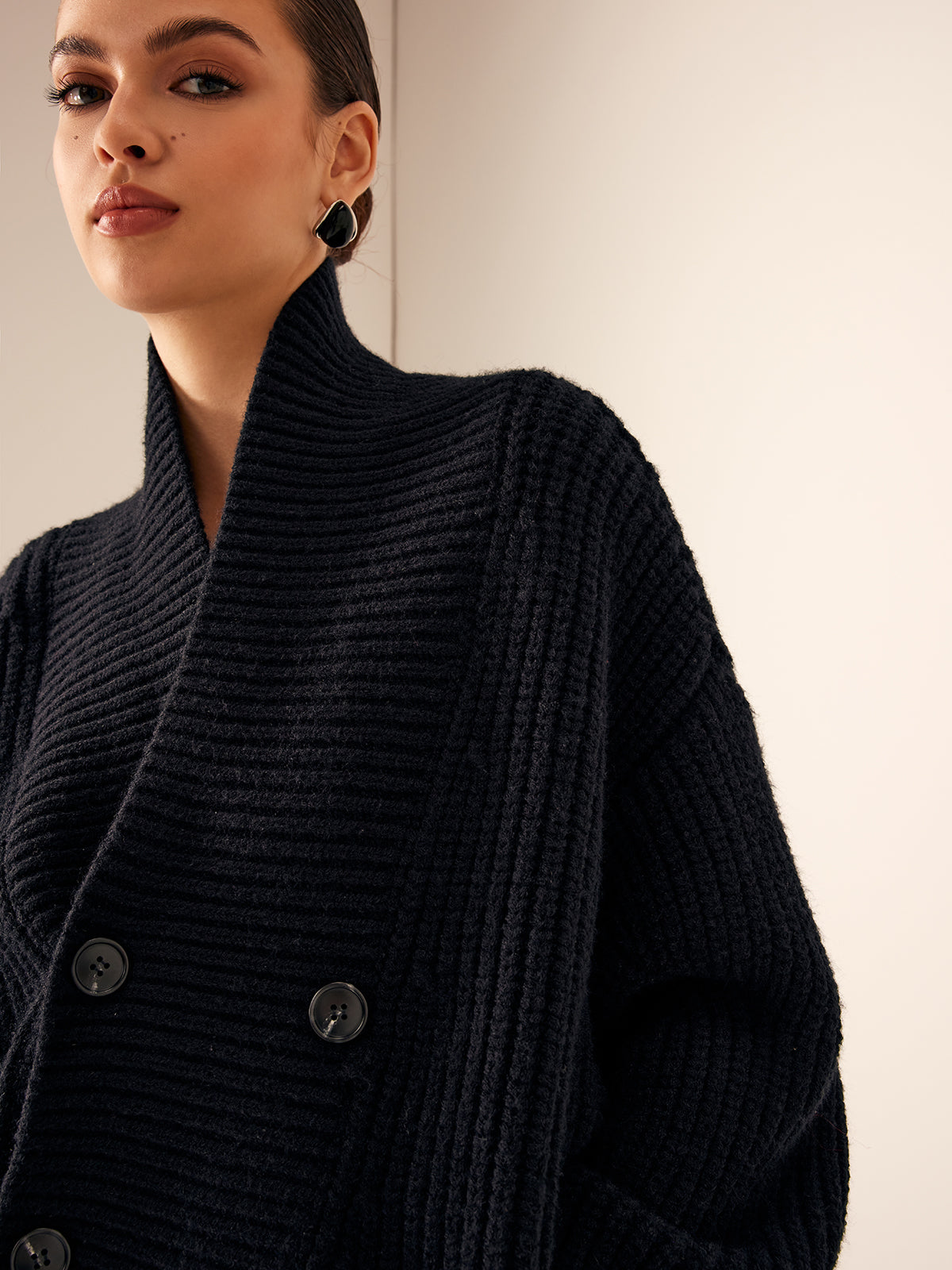 Rippstrick Revers Knopf Strickjacke